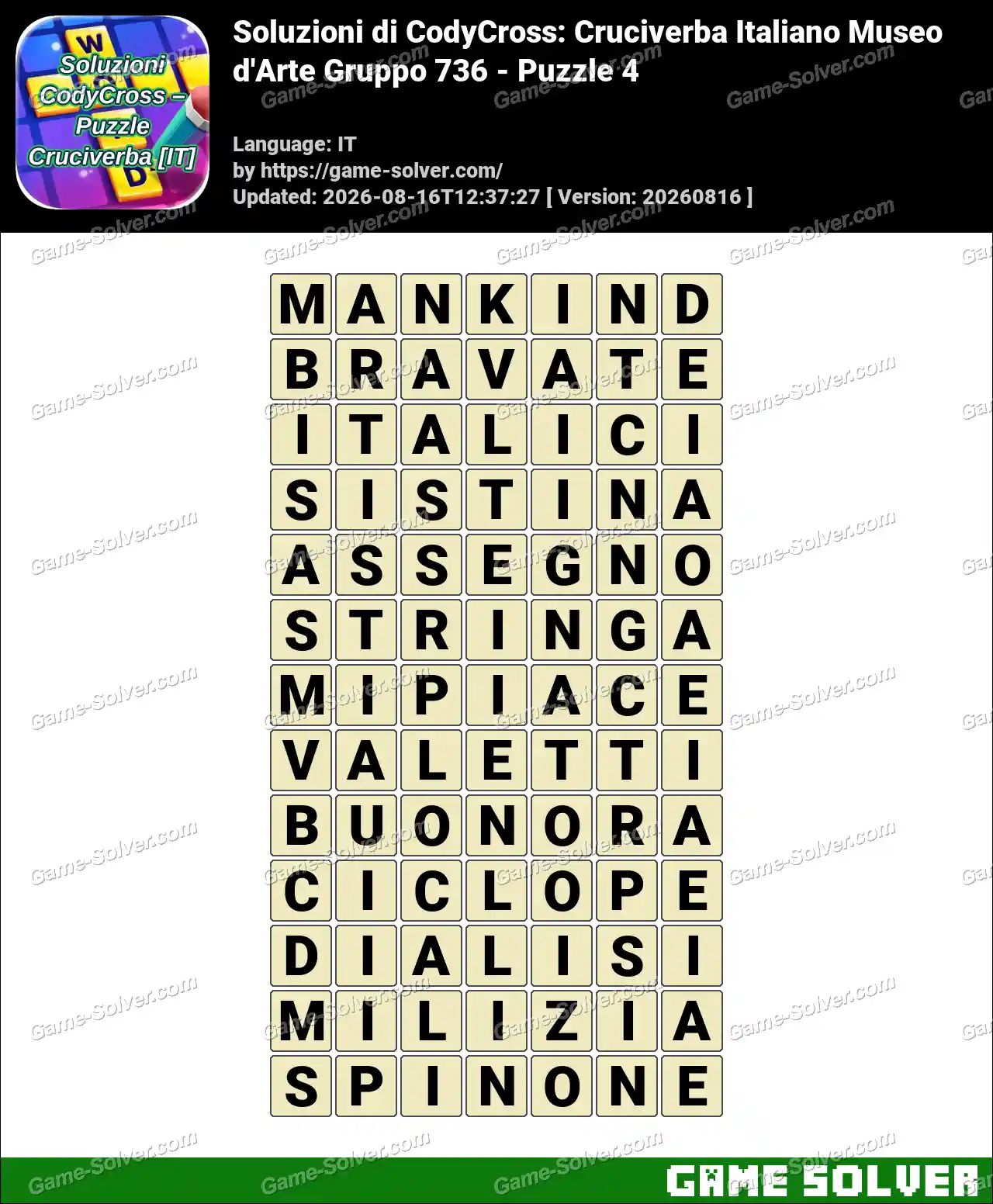 Soluzioni di CodyCross: Cruciverba Italiano Museo d’Arte Gruppo 736 – Puzzle 4